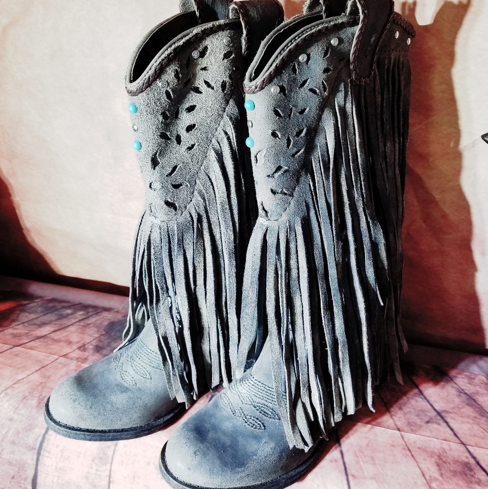 Upcycled long fringe boots